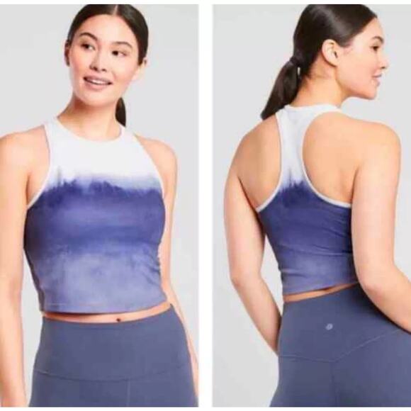 Athleta Shanti White Blue Gray Ombre Dip Dye Watercolor Crop Tank Top SZ S - Picture 1 of 10